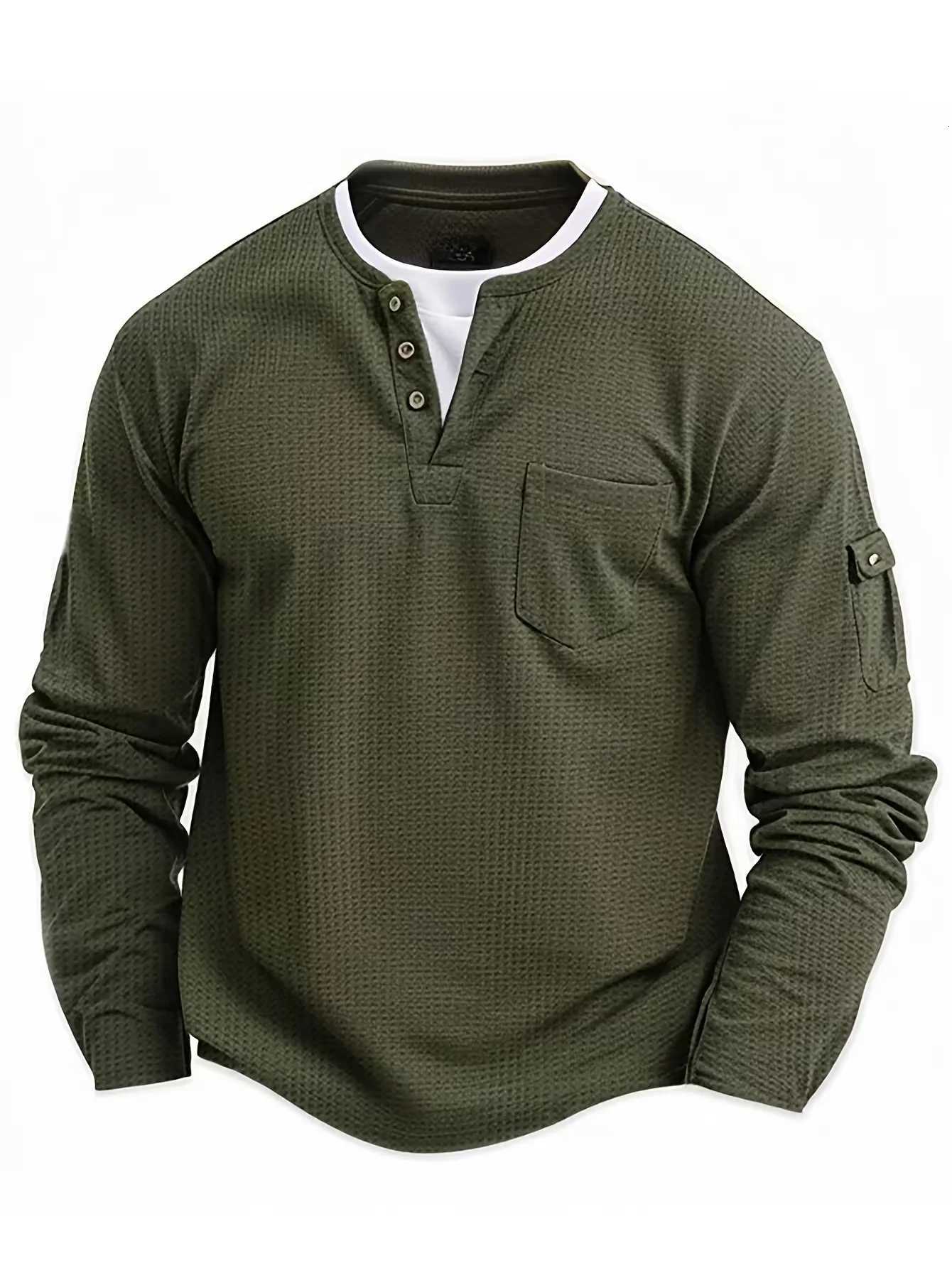 Autumn mens casual long sleeved shirt fashionable solid color slim fit round neck button waffle golf pullover holiday casuXJ250920