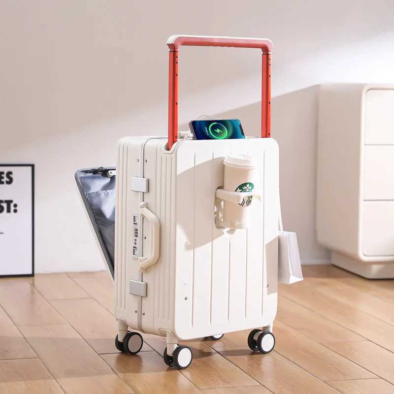 Trolley Suitcase Luggage Universal Wheels 20 24 26 Inch Front Open Business Travel Rechargeable Boarding Aluminum Frame Box W250920-image-1076022626