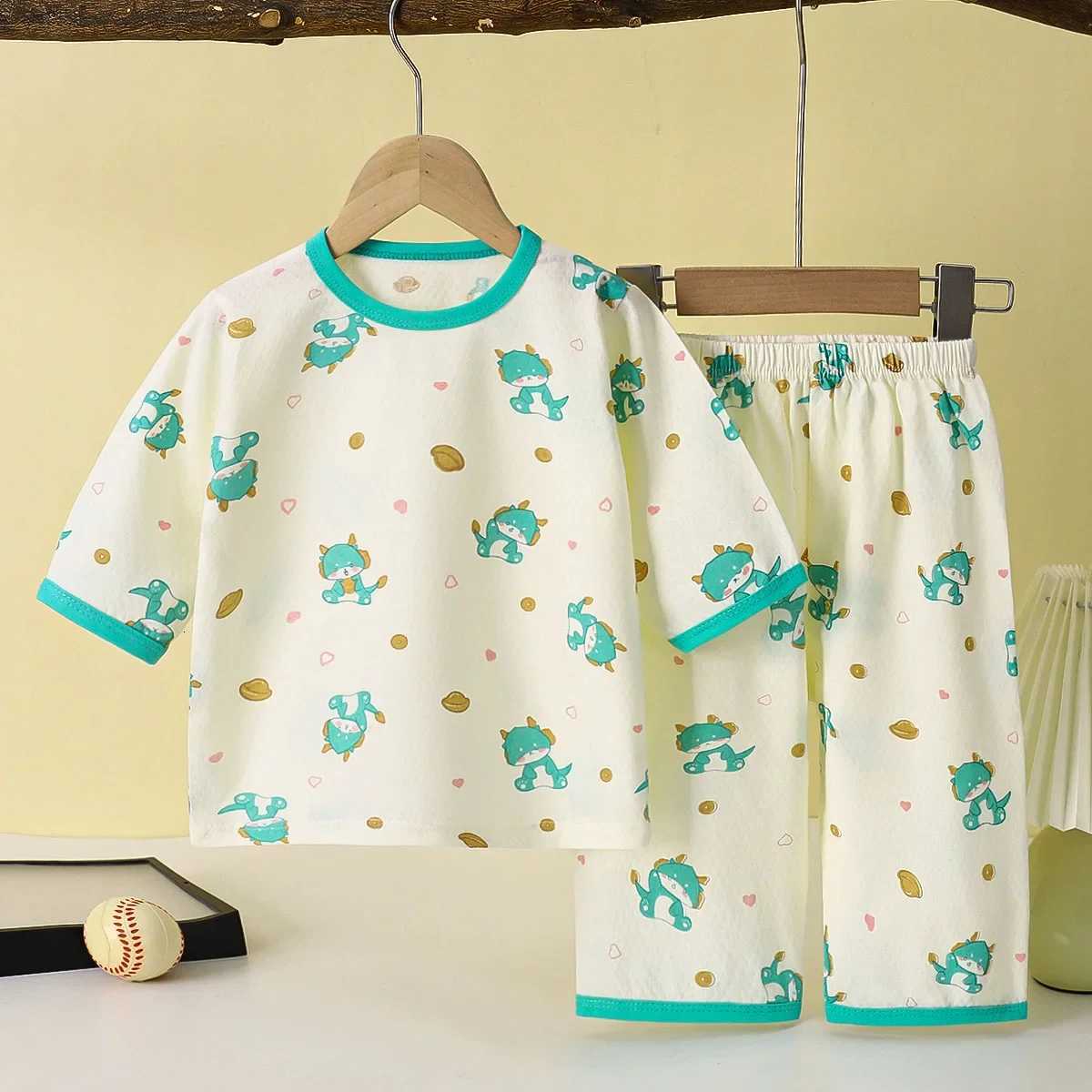 Childrens Summer Thin Breathable Pajamas Threequarter Sleeve Cartoon Print Clothing Set Sleepwear Boys Girls Casual Homewear X250920