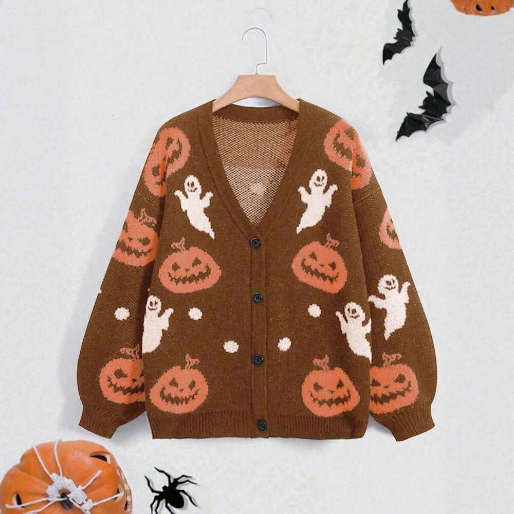 Nouvelle veste pull tricotée avec col en v pour Halloween, ample, brodée de citrouille