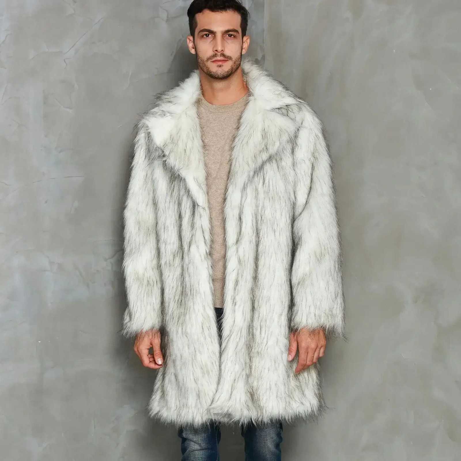 Mens Coat Warm Faux Fur Loose Autumn Winter Brown Long Coats Turn Down Collar Sleeve Men High Waist Maxi Elegant JacketXJ250920