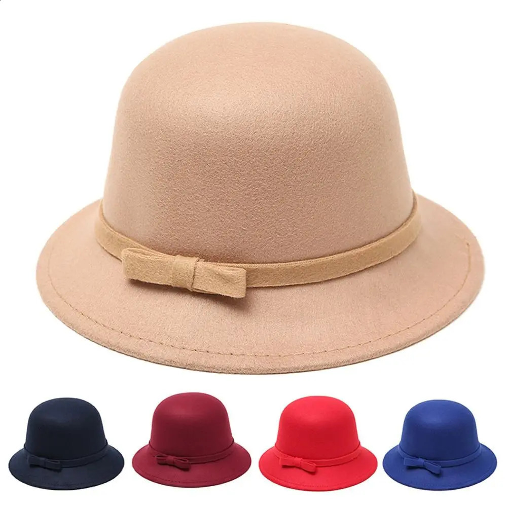 Women Autumn Winter Warm Hat Vintage Wool Felt Bucket Cap Retro Elegant Bowknot Church Bowler Cloche Brim Fedora Hats 250919