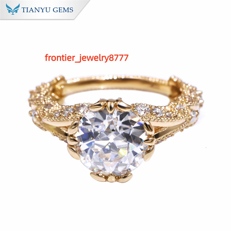 Tianyu Solid Gold 10K 14K 18K Silver 925 Custom Rings 3CTW Round OEC Moissanite Diamond Flower Pattern Engagement Ring