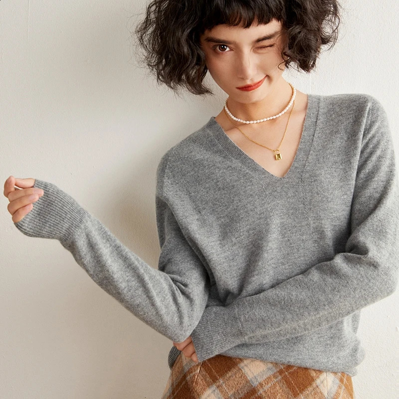 Autumn And Winter Womens Cashmere Sweater 100 Pure Vneck Knitted Pullover Long Sleeved Selling Top 250920