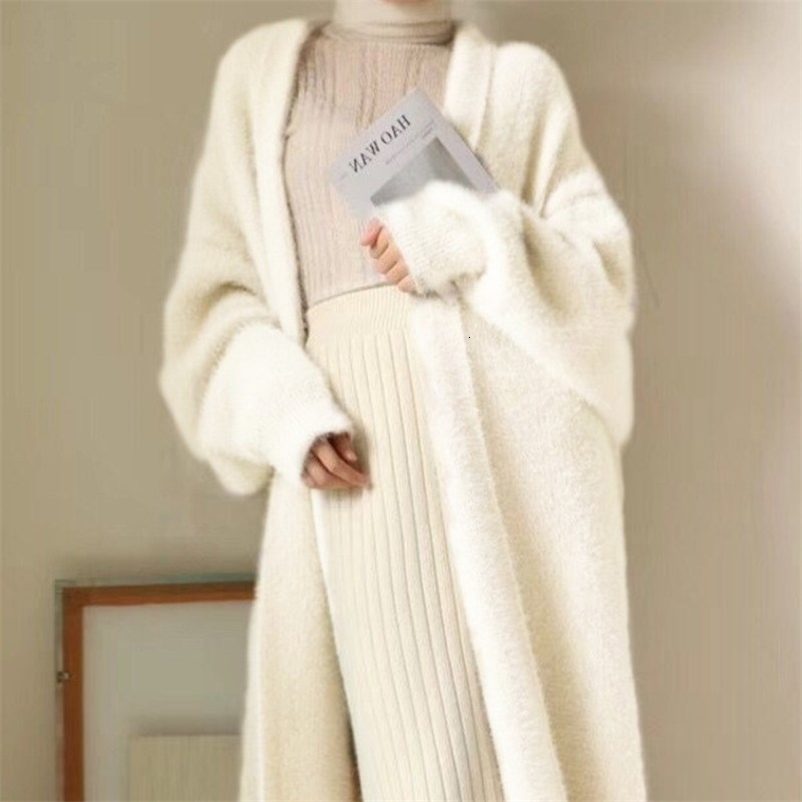 white Long Cardigan for women 2025 winter clothes Knitted fluffy long sleeve Cashmere sweater coat korean style warm vintage y250919