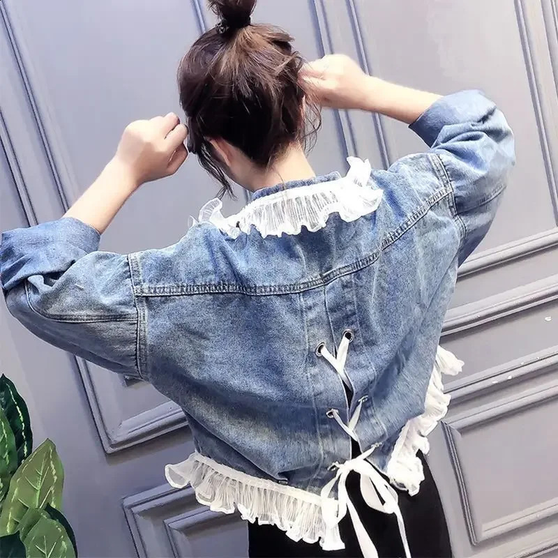 Denim Jackets Women Patchwork Y2k Coat Letter Distressed Washed Single Breasted Turn Down Collar Outerwear Streetwear Autumn 250919