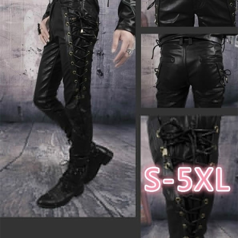 Mens Black Thick Leather Side Laces Up Jeans Style Long Pant Motorcycle Leather Trousers Leather Motorcycle Pants 250919CJ