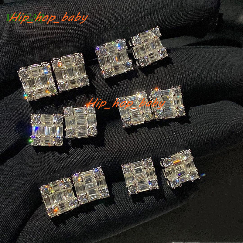 Iced Out Fashion 925 Silver Baguette Cut Square VVS Moisanite Moisanite Boucles d'oreilles Platinum Stud pour femmes