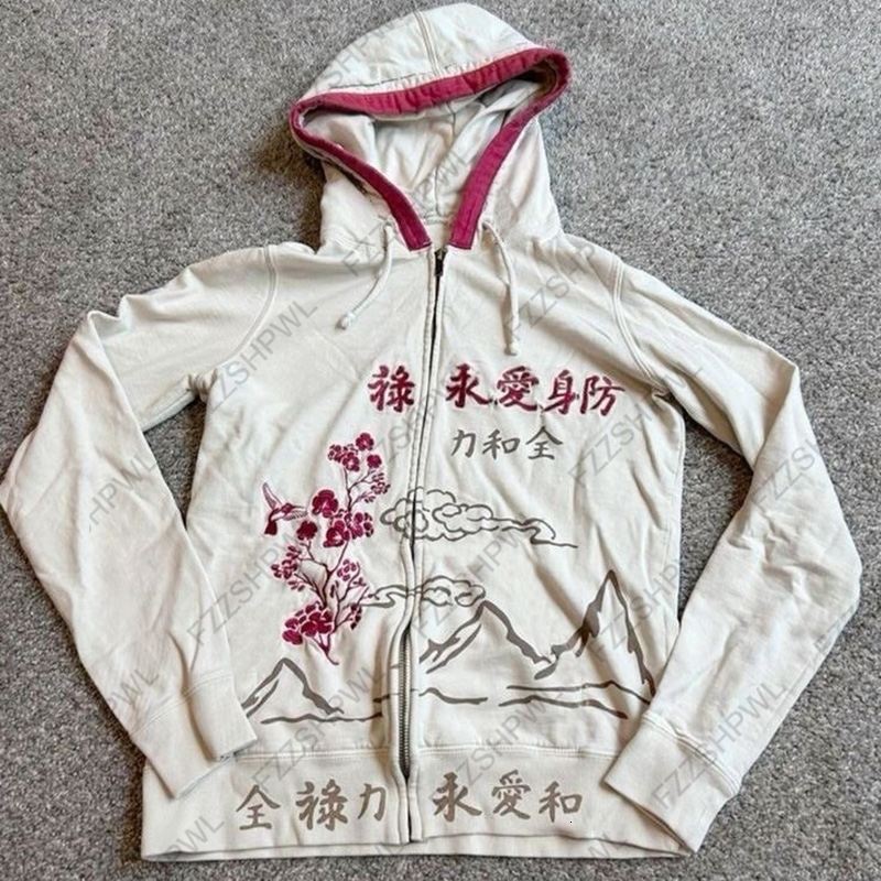 Fashion Unique Hip Hop Y2K Zip up hoodie Flower Harajuku Letter Print Goth Jacket Oversized Punk Casual Zipper Hoodie sweatshirt 250919
