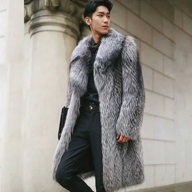 Streetwear Winter New Mens Fur Coat Warm Mink Long Big Fur Collar Casual Plus Size Silver Fox Imitation Fox Fur Grass ClothesXJ250920