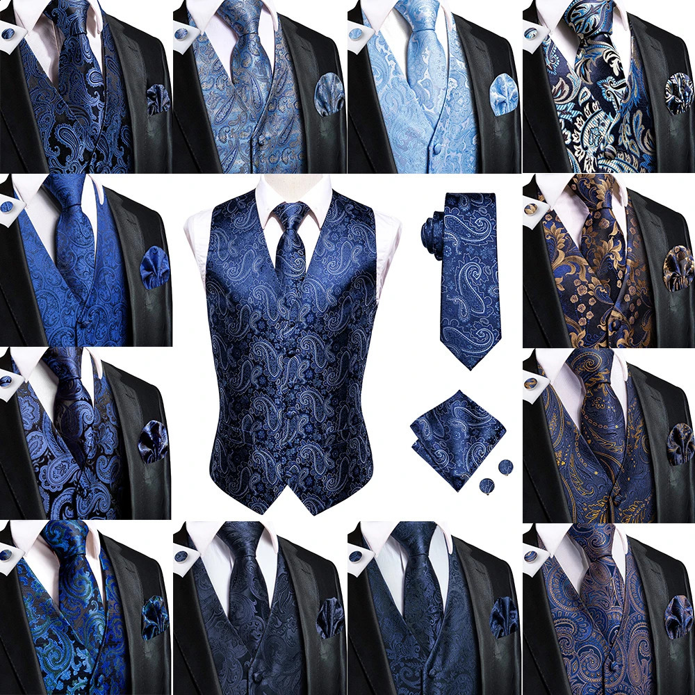 HiTie Navy Blue Mens Vest Formal Silk Paisley Waistcoat Jacket Tie Handkerchief Cufflinks Set For Male Dress Suit Wedding Party 250920