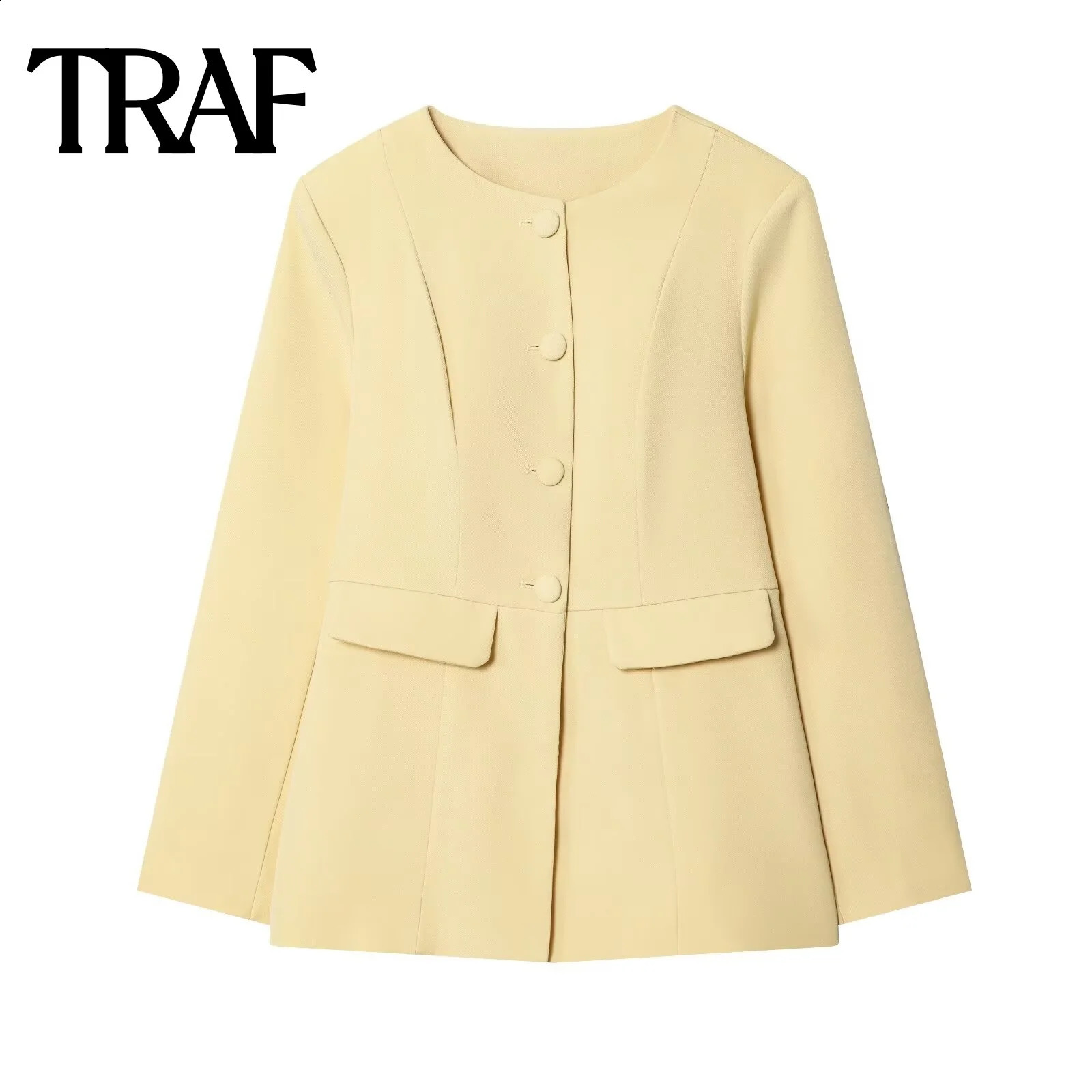 TRAF autumn 2025 womens clothing minimalist style single breasted round neck long sleeved flip pocket slim fit suit jacket 250920