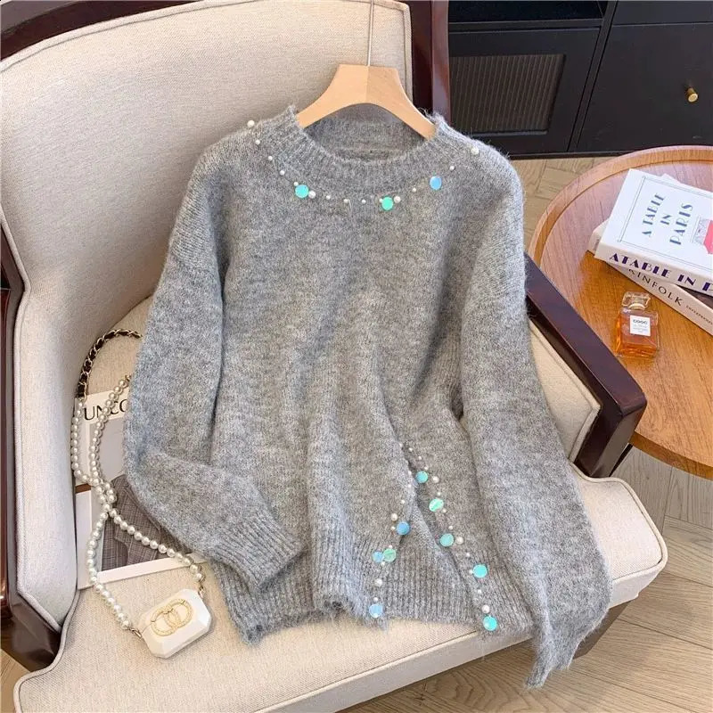 Gray Pearl Pullover Sweater for Women in Autumn and Winter 2025 Loose Casual Unique Longsleeved Knitted Sweater 250919