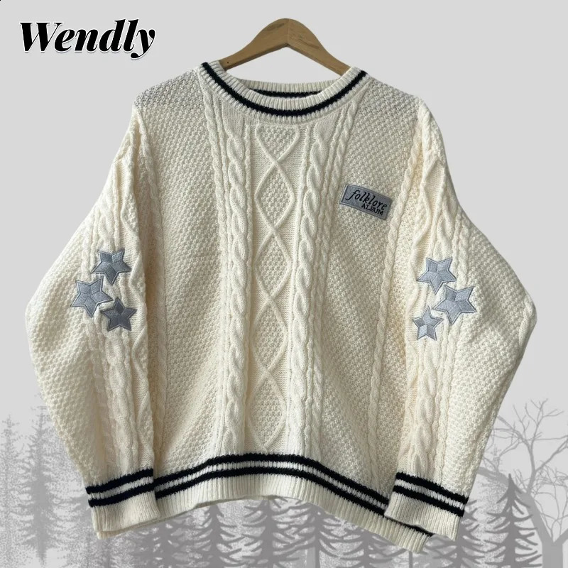 Folklore Sweater Women Star Embroidery Knitted Pullovers Female Spring Autumn Oneck Letter Patch Beige Jumpers Sweaters Holiday 250919