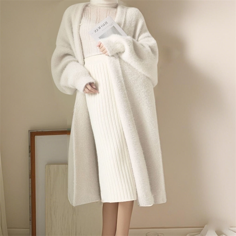white Long Cardigan for women winter clothes Knitted fluffy long sleeve Cashmere sweater coat clotkorean style warm vintage y250919