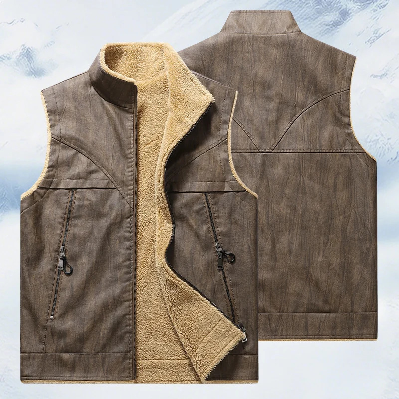 Mens Leather Vest Fleece Lined Warm Winter Motorcycle Jacket Casual Biker Jackets with Zipper Pocket Outwear Coat 250920