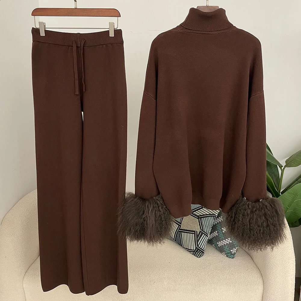 Oftbuy en laine mélange pull en tricot et pantalon Pantalon pour femmes ensemble avec de vrais poignets de mouton mongol