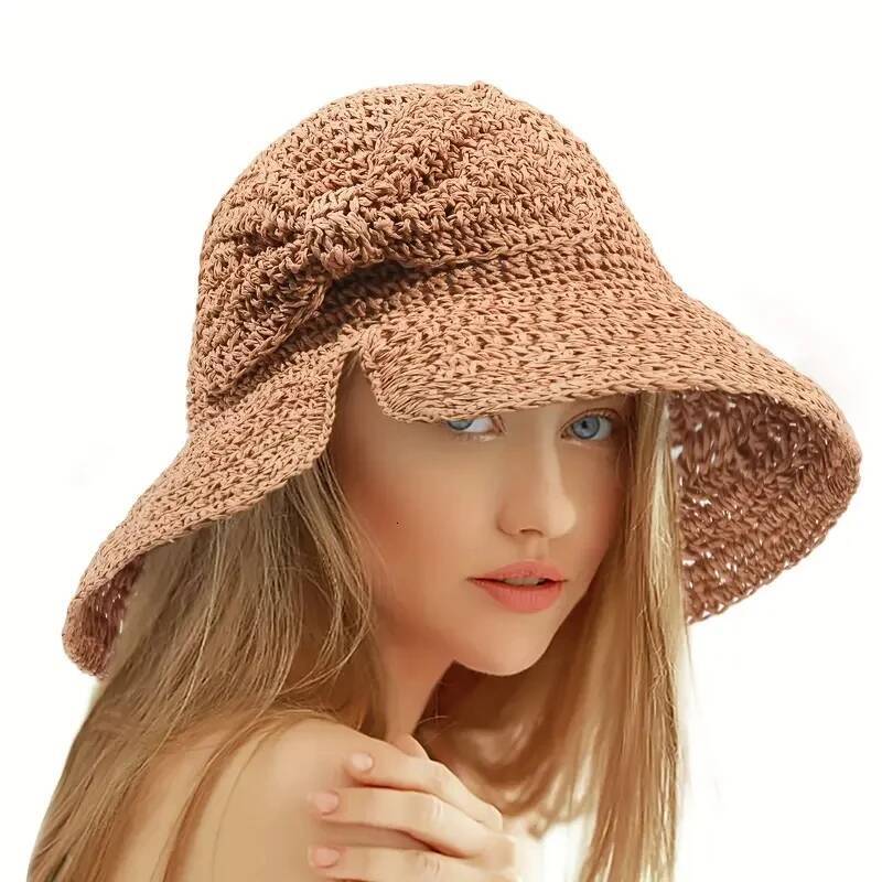 Straw Bowknot Slit Sun Elegant Vintage Crochet Bucket Hat Foldable UV Protection Travel Beach Hats For Spring & Summer ddmythur