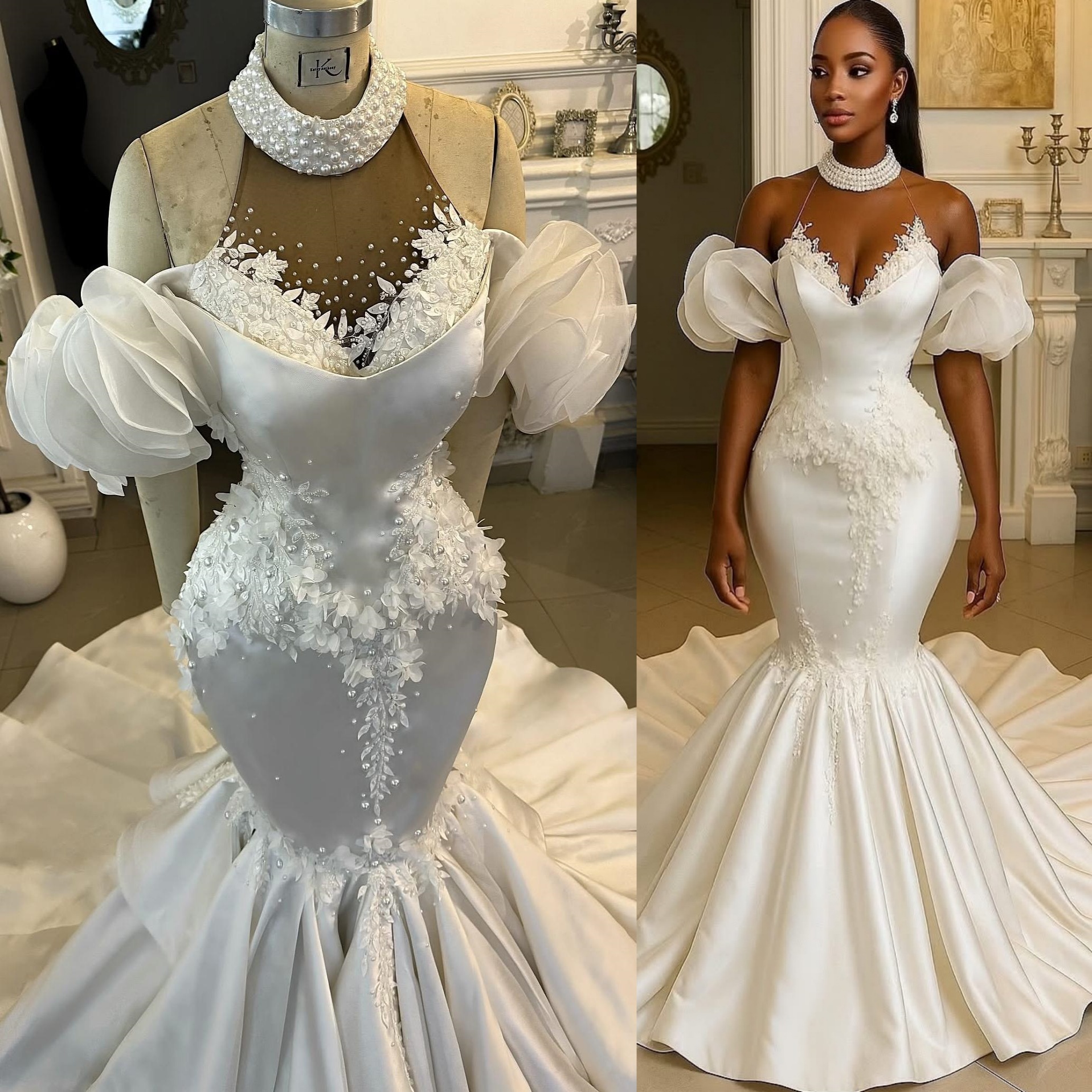 2025 ASO EBI plus taille Ivory Sirène Robe de mariée en dentelle Florale Perles Satin Sheer Cou Robes Bridal Robes ZJ0468