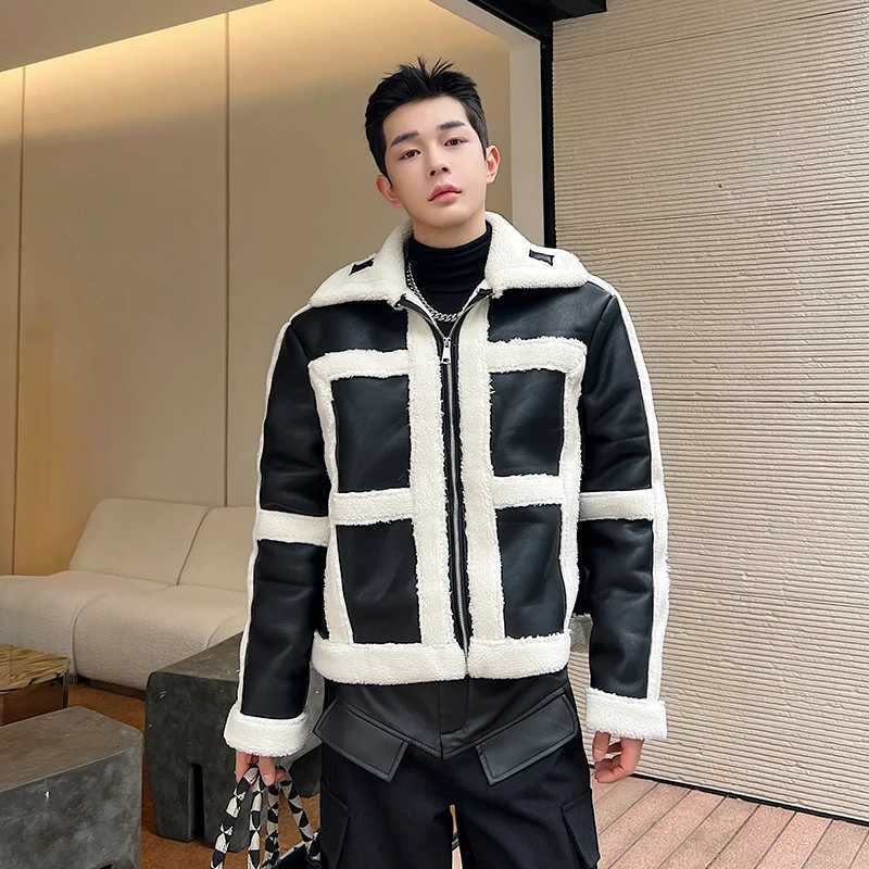 2024 Winter Men New Korean PU Leather Jackets Male Contrast Color Faux Fur Coats Mens Loose Thick Warm Overcoats G606 W250920 7b
