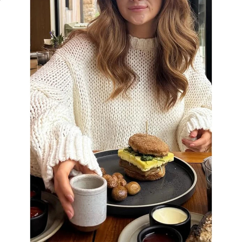 Combhasaki Women Oversized Knitted Sweaters Lantern Long Sleeve Ribbed Round Neck Solid Color Pullovers Loose Fit Knitwear Tops 250919