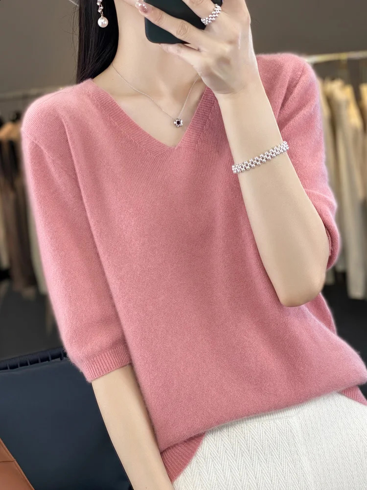 Women VNeck 100 Merino Wool Cashmere Tshirt HalfSleeve Pullover Sweater Spring Summer Knitwear Soft Fashion Comfortable Tops 250920