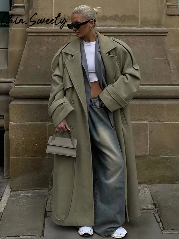 Urban Solid Double Breasted Long Women Coat Loose Full Sleeve Belt Female Jacket 2025 Autumn Winter Lady Top 250919