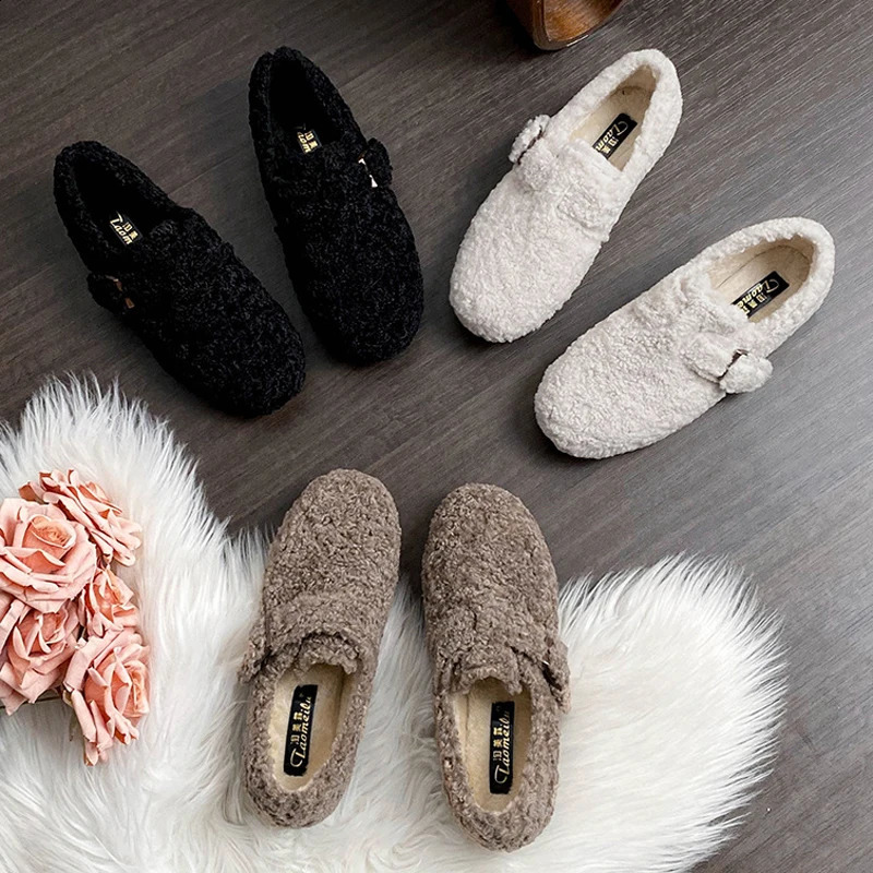 Women Curly Wool Loafers Cotton Fur Flats Shoes Ladies Winter Belt Buckle Mocasines Female Barefoot Fleeces Sneakers Furry Shoes 250919