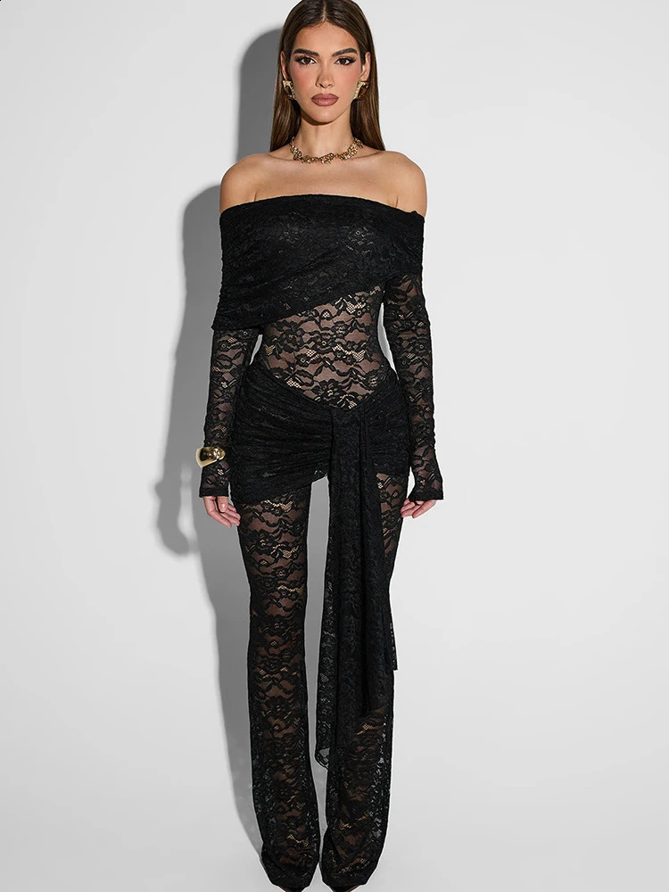 Fantoye Sexy Off épaule Voir à travers des femmes en dentelle Jumpsuit Noir Bandage à manches longues Spring Skinny Elegant Party Clubwear 250921