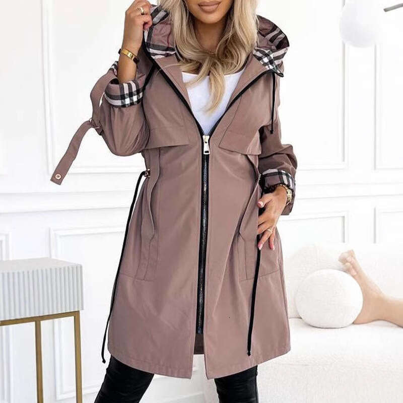 In StockCross-Border Autumn Winter New European and American Style Independent Brand Hooded Plaid Casual Jacket