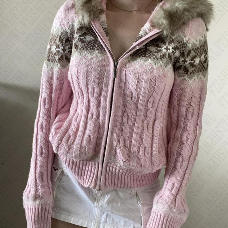 Fair Isle Aesthetic Womens Autumn Winter Knitted Sweater Casual Chic Fur Collar Hooded Cardigan Pullover Harajuku Y2K Streetwear 250919