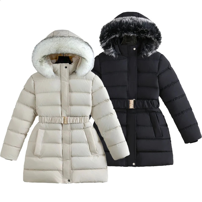 Veste adolescents de style long style couleur solide slim fit fashion détachable chapeau gros col de fourrure à capuche Keep Warm Mabet pour les