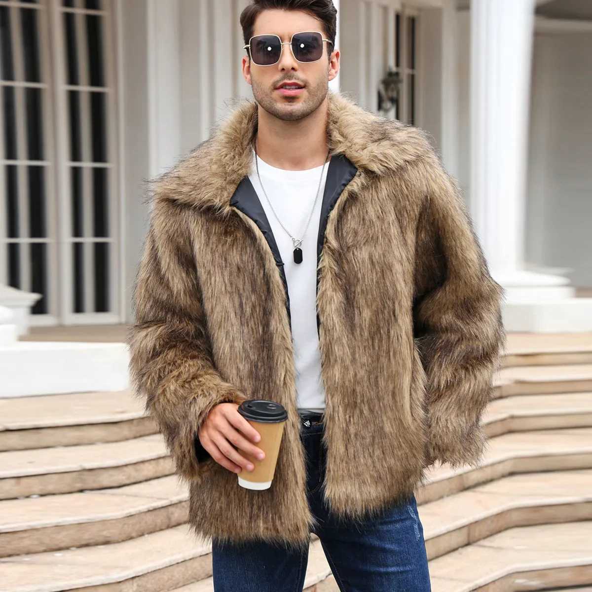 Hommes en fausse fourrure manteau hiver épais épais moelleux à manches longues revers à manches longues chaudes veste de fourrure de luxe de luxe