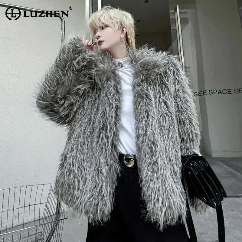 LUZHEN 2024 Winter Solid Color Stand Up Collar Hidden Buckle Loose Imitation Fur Coat Casual Original Street Male Jackets LZ7750XJ250920