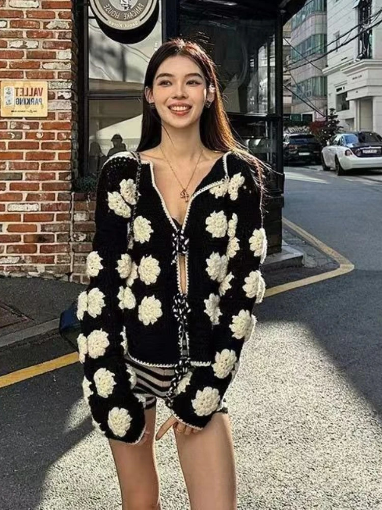 Fashion Flower Embroidery Knitted Cardigan Women Y2k Autumn Winter Long Sleeve Lace Up Oversized Sweaters Ladies Coats Outerwear 250919