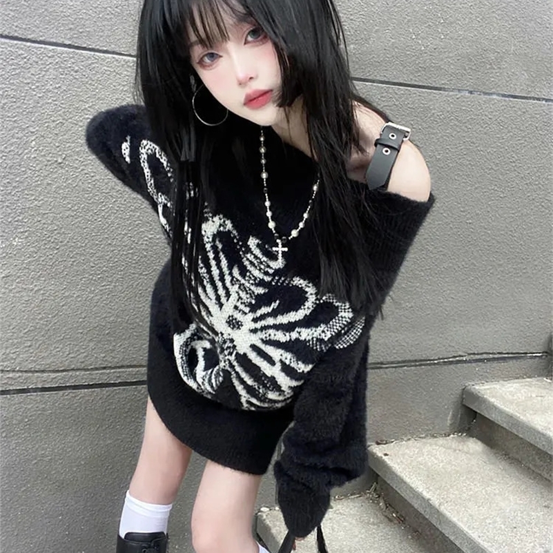 KOSAHIKI Grunge Sweater Fashion Streetwear Y2k Aesthetic Blackpullover Skull Print Gothc Women Jumper Harajuku Loose Knitwear 250919