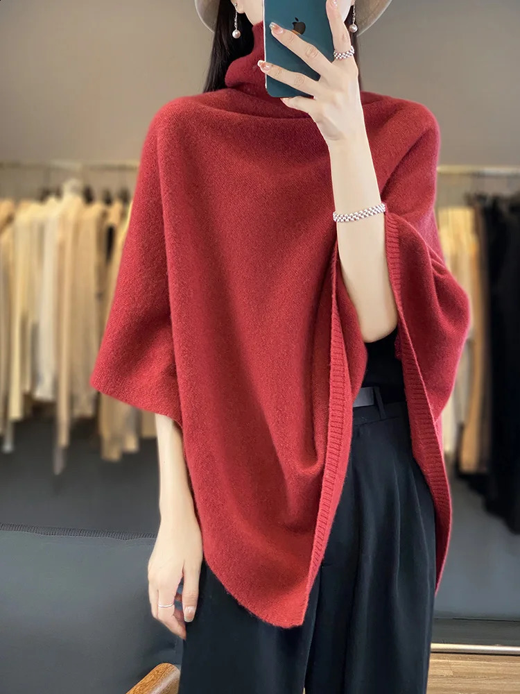 Chic Women Wool Sweater Shawl Heap Collar Pullover 100 Merino Wool Knitwear Autumn Winter Cashmere Soft Simple Cloak Shawl 250920