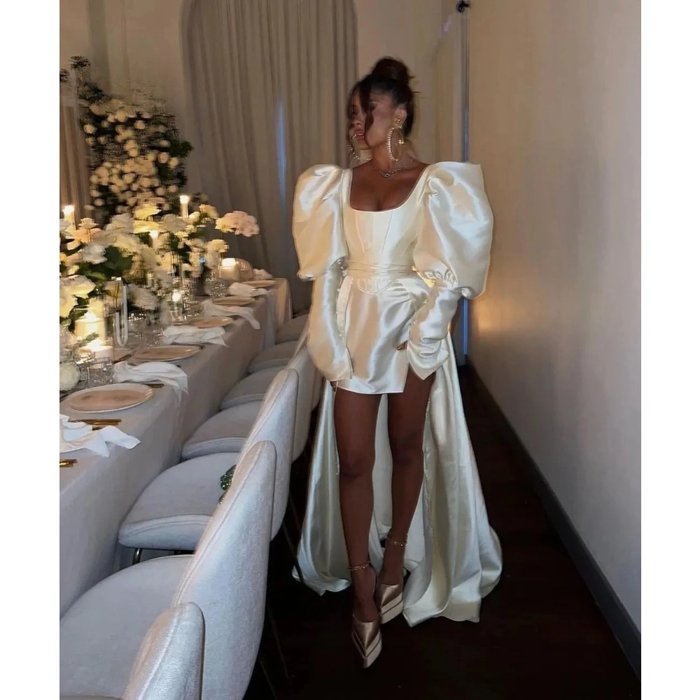 Robe de mariée romantique Laine en satin sur le filet avec robe de bal à balles bouffées
