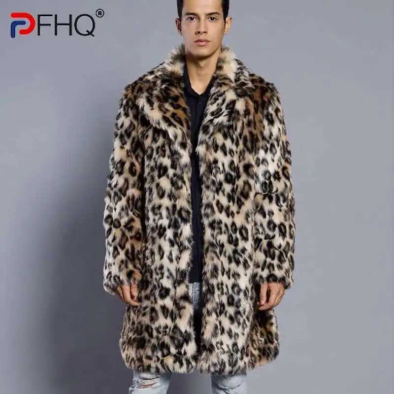 PFHQ Leopard Print Faux Fur Mens Suit Collar Jacket Warm Coat Autumn Winter 2024 Contrast Color Long Sleeve Male Tops W250920