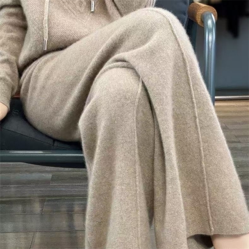 Women Merino Wool Knitted Wide Leg Pants Autumn Winter Basic Soft Warm Cashmere Knit Trousers Casual Simple Style Korean y250919