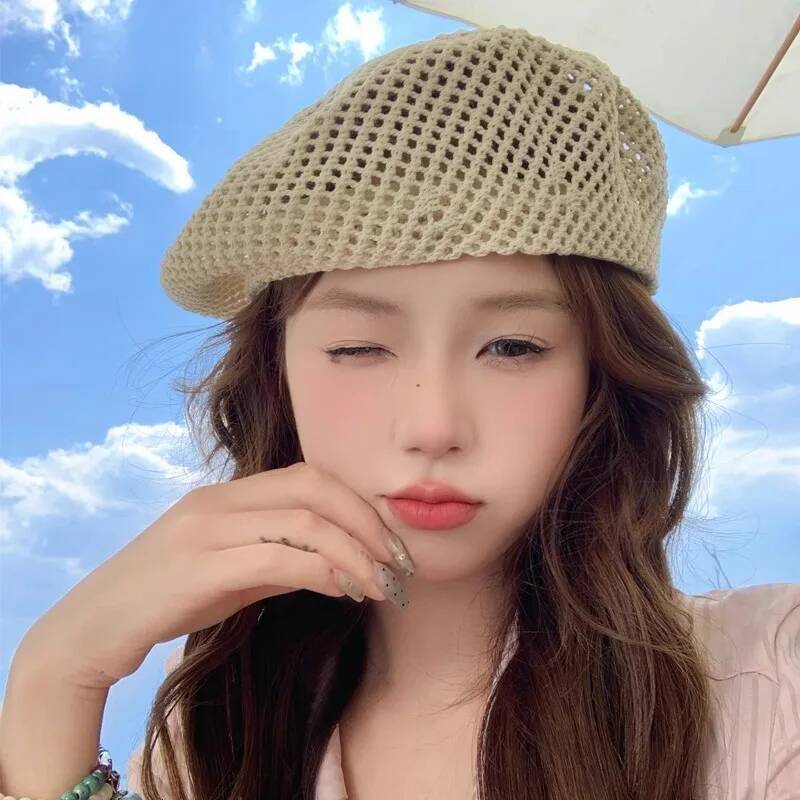 Korean Straw Woven Berets for Women Summer Thin Hollow Mesh Painter Cap Solid Color Breathable Female Lady Pumpkin Hats ddmythur