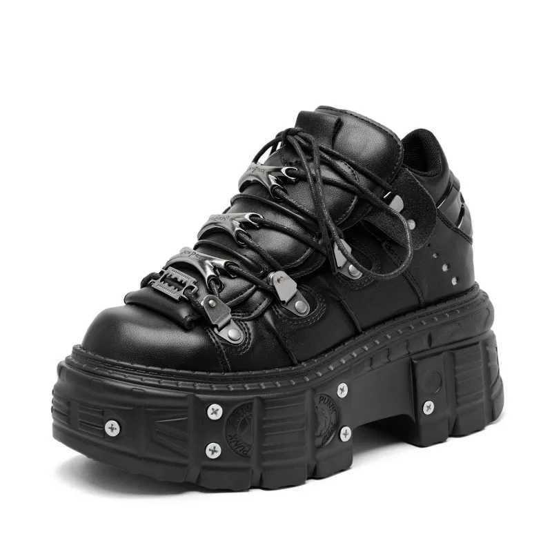 Punk Style Women Black Shoes Rock Metal Decor Laceup Heel Height Platform Shoes Gothic Man Sneakers Women Ankle Boots 2025 New W250920