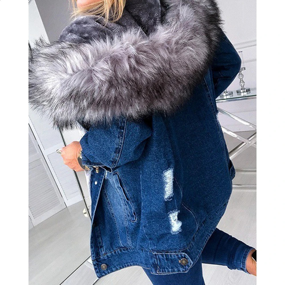 Autumn Women Vintage Hooded Denim Jackets Wth a Large Fluffy Collar Frayed n Buttoned Overcoat 250919