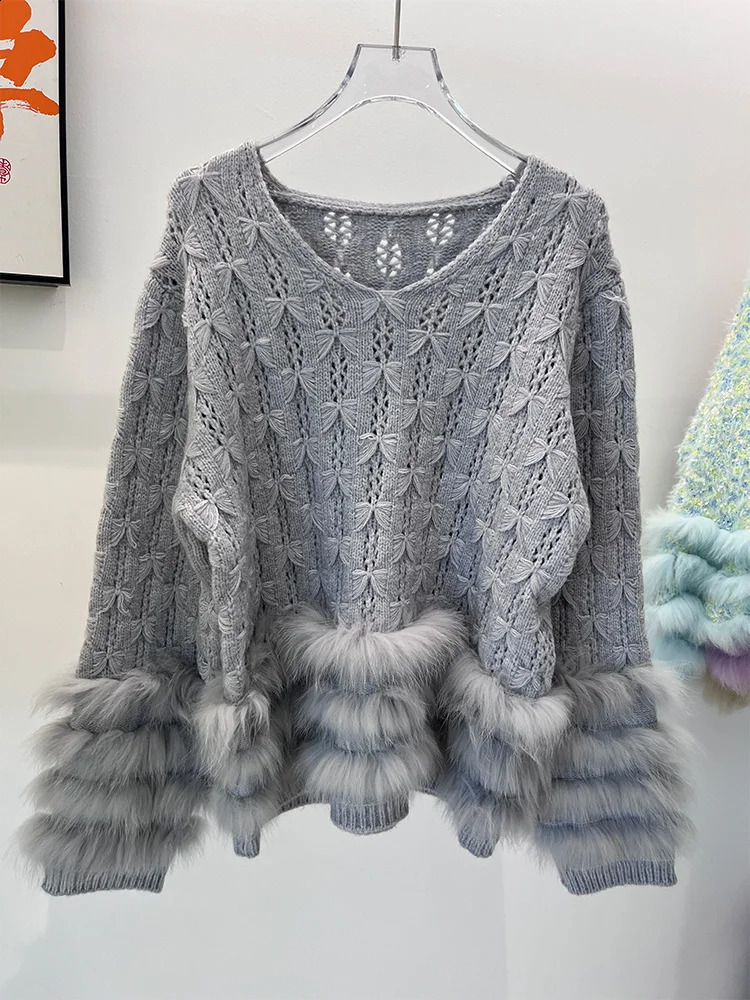 2025 Women Autumn Real Fox Fur Knitted Sweater Christmas Coat Collar Knitted Pullover Female Coat 250919