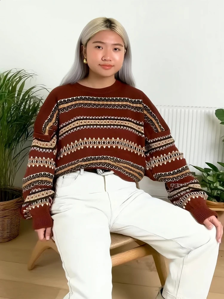 Navy Blue Geometric Stripe Womens Sweater Ethnic Inspired Short Knit Top 2025 Autumn Holiday Street Wear Retro Style Pullover 250919
