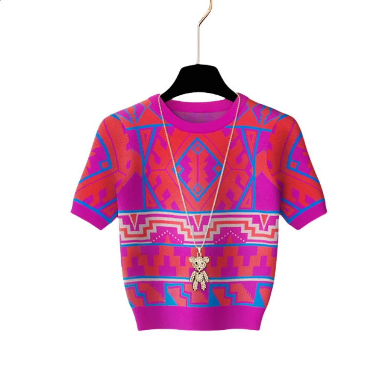 Summer Vintage Patchwork Geometric Pattern Knitted Sweater Women Fashion ONeck Short Sleeve Knitted Pullover Tops Knitwear 250920