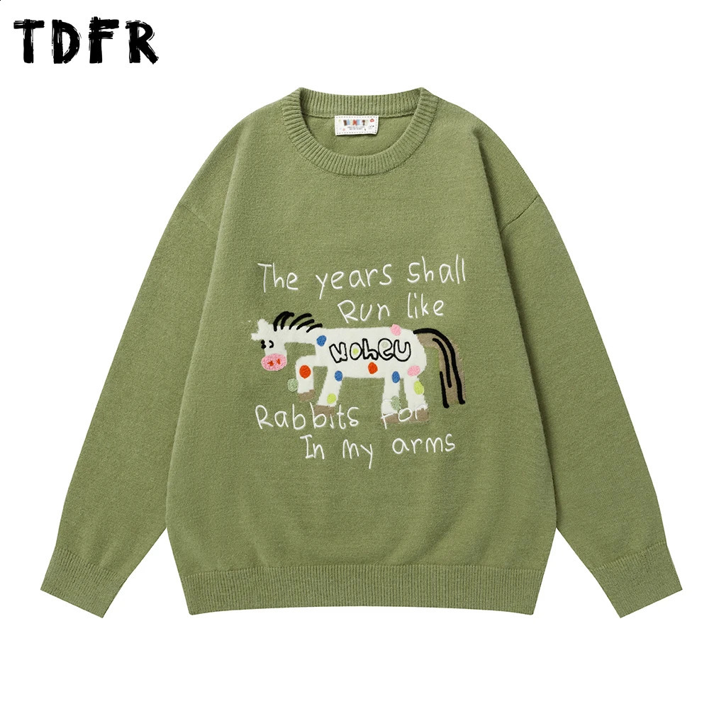 Cartoon Jacquard Sweater Mens Letter Embroidery Autumn Winter Retro Casual Crew Neck Loose Long Sleeve Knitted Sweater Man 250919