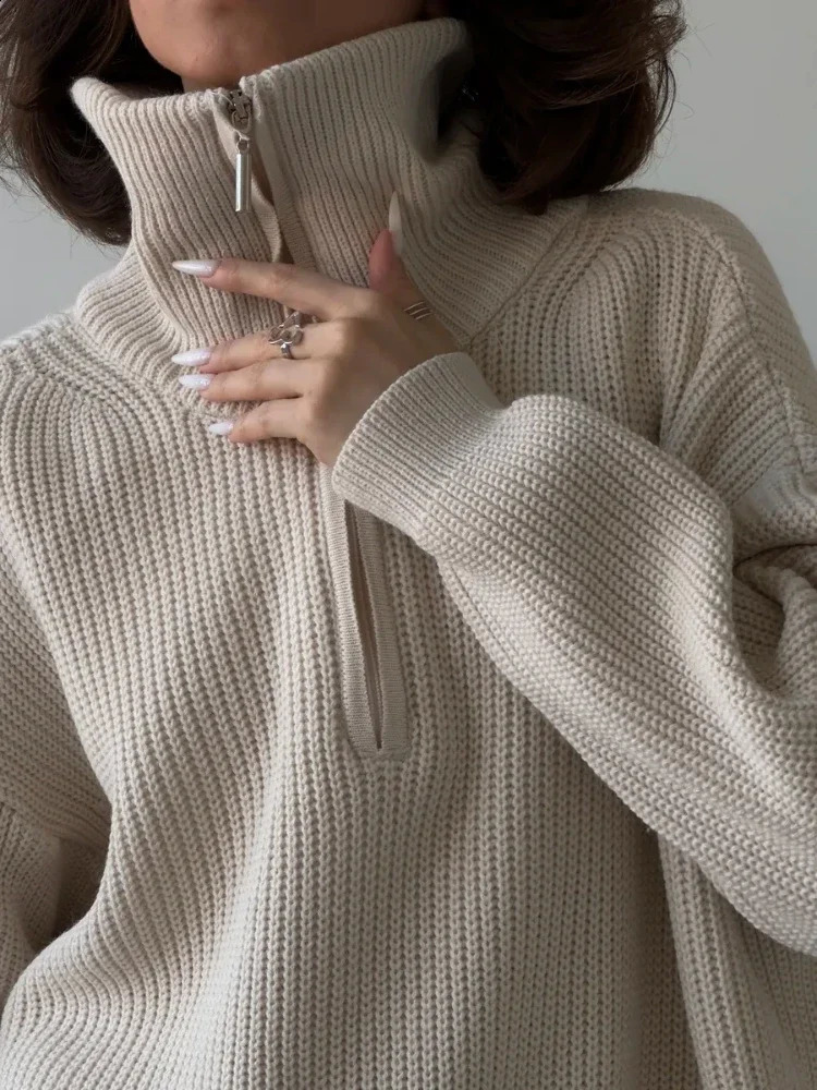 Womens Sweaters Zipper Long Sleeve Solid Casual Lapel Knitted Pullovers Loose Female 2025 Autumn Jumper Oversized Sweater Women 250919