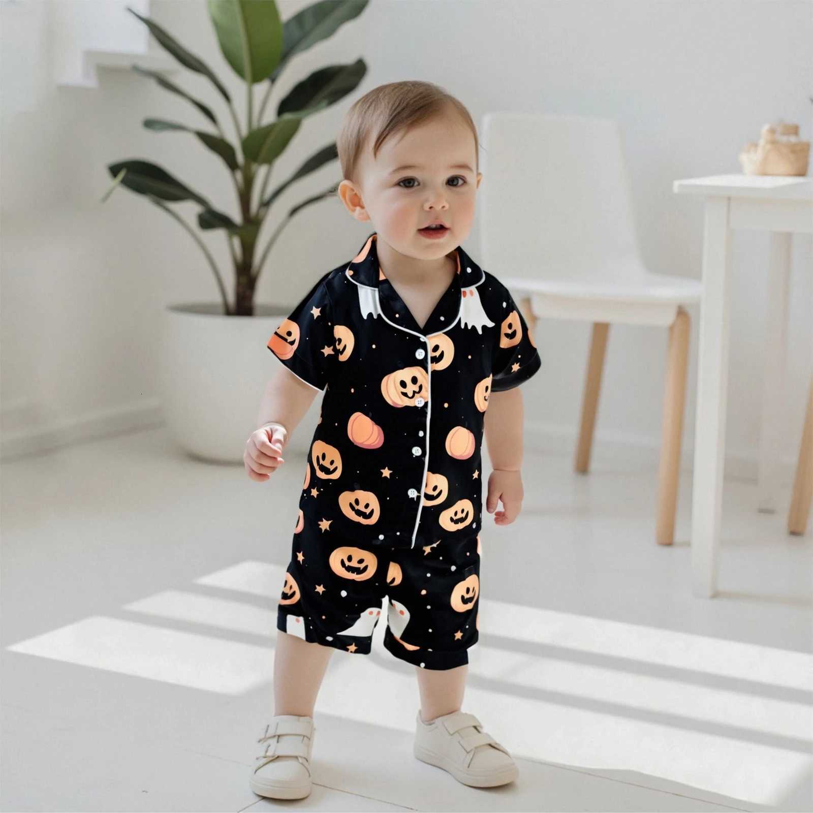 Kids Boys 2025 Halloween Pajamas Set Pumpkin Ghost Imprimerie Shirts à manches courtes Couvrages Elastic Shorts Summer 2 Pièces Lounge x250920