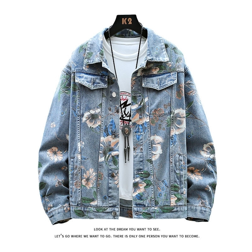 Veste en jean à imprimé floral vintage pour hommes en manteau en détresse streetwear vestes à manches longues en vrac de bombardier coréen 250919